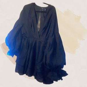 ASOS DESIGN pleated mini dress with blouson sleeves and cuff detail in black 12